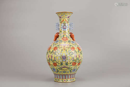 Famille Rose Flower and Bat Double-Eared Vase Qianlong Mark