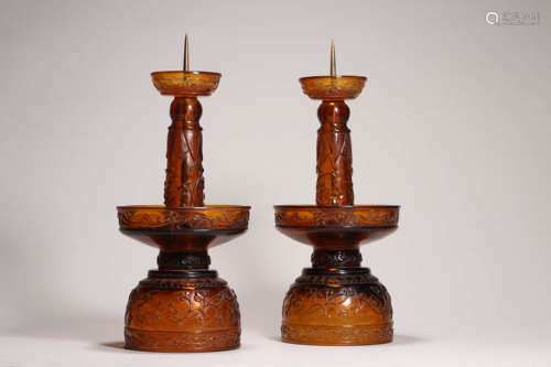 Pair of Citrine Quartz Floral Candlesticks