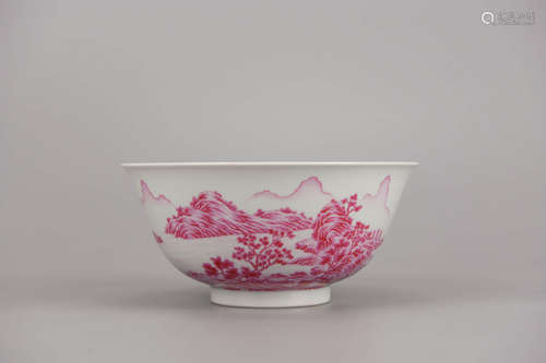 Rouge-Red Glaze Landscape Bowl Qianlong Mark