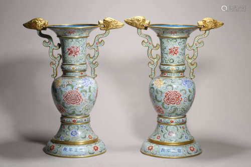 Pair of Enamel Bronze Floral Gu Vases Yongzheng Mark