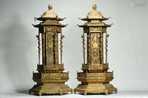 Pair of Gilt Bronze Dragon Pavilion Statues