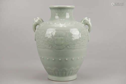 Moulded Celadon Glaze Double-Eared Vase Qianlong Mark