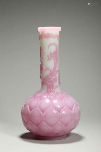 Pink Overlay White Glass Lotus Vase Shen detang Mark