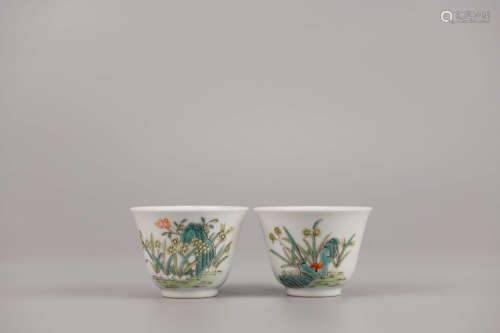 Pair of Famille Rose Orchid Cup Guangxu Mark