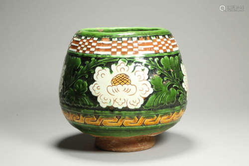 Yellow and Green Glaze Floral Jar