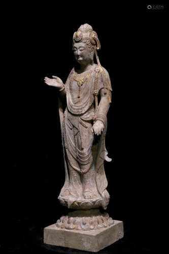 Gilt and Painted Limestone Figure of Bodhisattva