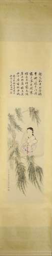 Chinese Lady Painting and Calligraphy Scroll, Wu Hufan Mark