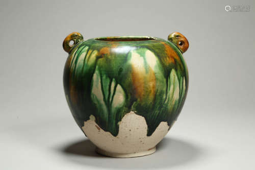 Sancai Glaze Double-Eared Jar