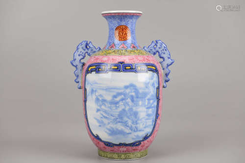 Falangcai Glaze Double-Eared Vase Qianlong Mark