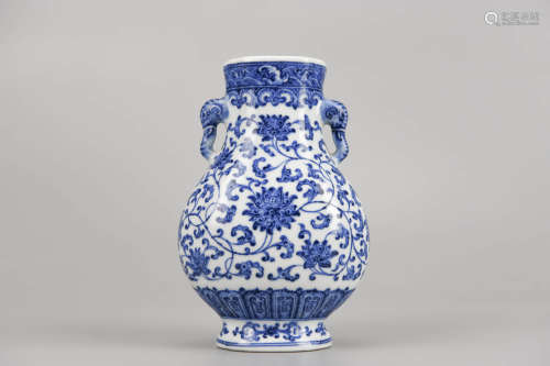 Blue and White Lotus Elephant-Eared Vase Qianlong Mark