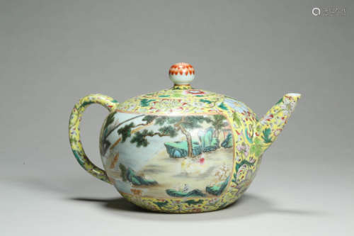 Famille Rose Landscape Tea Pot Qianlong Mark