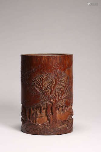 Carved Bamboo Figure and Landscape Brush Pot