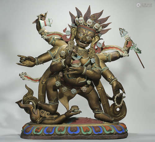 Painted and Gilt Bronze Figure of Six-Armed Mahakala Central...