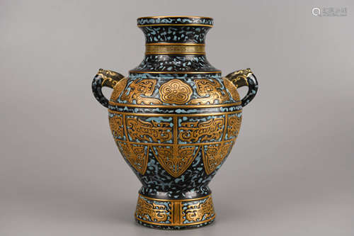 Bronze Imitation Glaze Double-Eared Vase Qianlong Mark