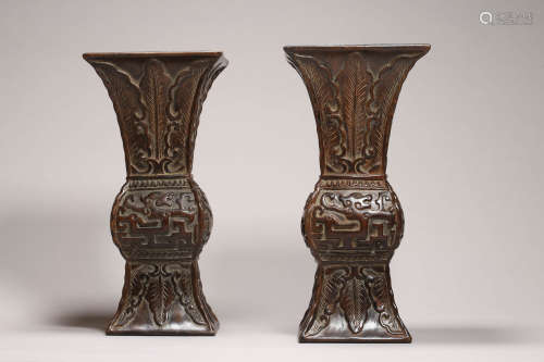 Pair of Carved Eaglewood Plantain Gu Vases
