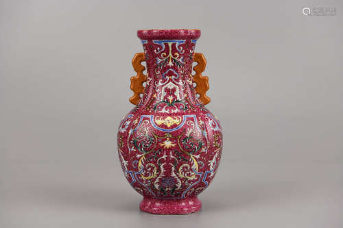 Rouge-Red Glaze Flower Begonia-Form Vase Qianlong Mark