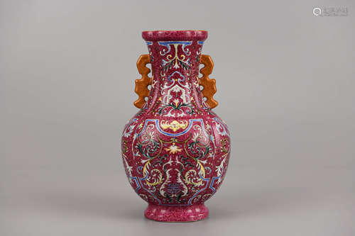 Rouge-Red Glaze Flower Begonia-Form Vase Qianlong Mark