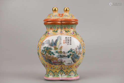 Famille Rose Landscape and Figure Conjoined Vase Qianlong Ma...