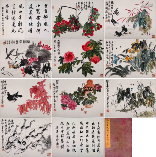 NINE PAGES OF CHINESE ALBUM PAINTING OF BIRD AND FLOWER SIGN...