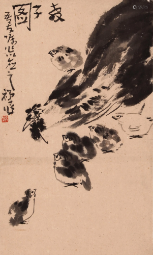 CHINESE SCROLL PAINTING OF CHICKEN FAMILY SIGNED BY LI KUCHA...