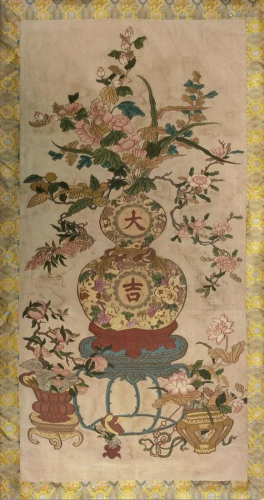 CHINESE KESI EMBROIDERY TAPESTRY OF FLOWER IN GOURD VASE QIN...