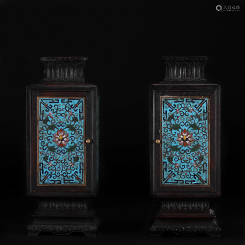 PAIR OF CHINESE CLOISONNE FLOWER PLAQUE INLAID ZITAN SQUARE ...