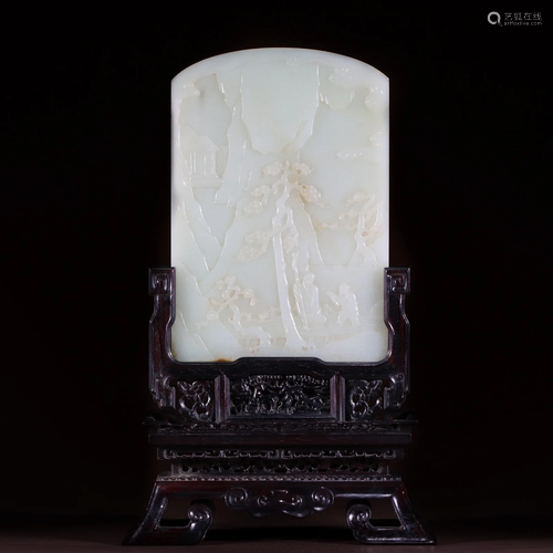 CHINESE WHITE JADE MEN IN GARDEN PLAQUE HARDWOOD ZITAN TABLE...