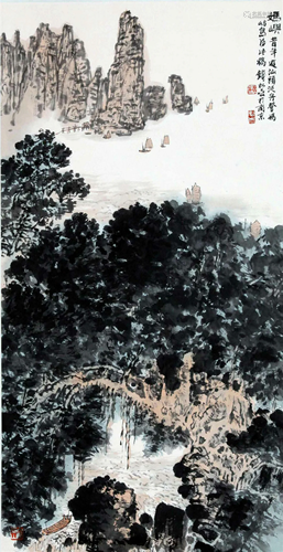 CHINESE SCROLL PAINTING OF MOUNTAIN VIEWS SIGNED BY QIAN SON...