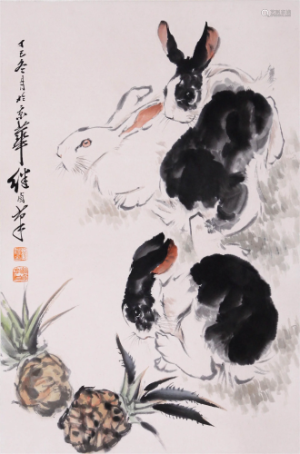 CHINESE SCROLL PAINTING OF RABBIT SIGNED BY LIU JIYOU