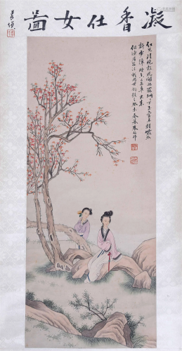 CHINESE SCROLL PAINTING OF BEAUTY IN GARDEN SIGNED BY ZHU ME...