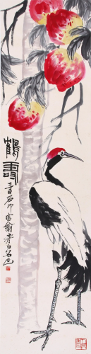 CHINESE SCROLL PAINTING OF CRANE AND PEACH SIGNED BY QI BAIS...