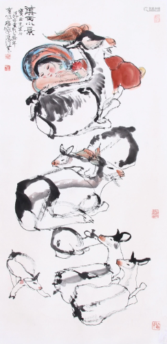 CHINESE SCROLL PAINTING OF GIRL AND RAM SIGNED BY CHENG SHIF...