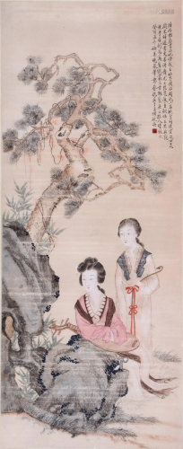 CHINESE SCROLL PAINTING OF BEAUTY IN GARDEN SIGNED BY CAI XI...