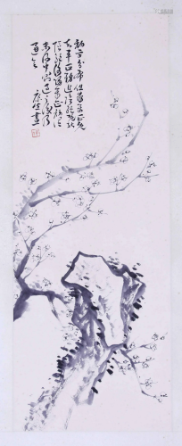 CHINESE SCROLL PAINTING OF FLOWER AND ROCK SIGNED BY KANGSHE...
