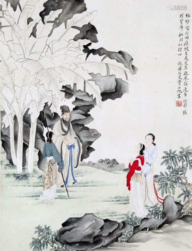 CHINESE SCROLL PAINTING OF FAMILY IN GARDEN SIGNED BY FEI DA...