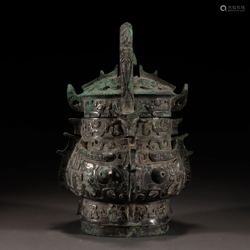 CHINESE ANCIENT BRONZE BEAST FACE LONG HANDLE VESSEL