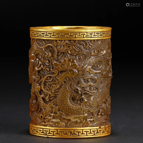 CHINESE YELLOW GLASS DRAGON SCHOLAR BRUSH POT