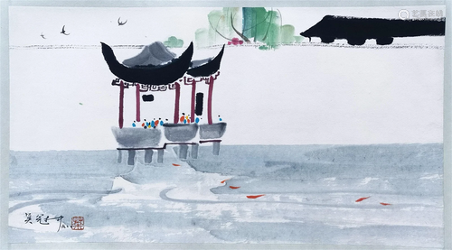 CHINESE SCROLL PAINTING OF RIVER SIGHTS SIGNED BY WU GUANZHO...