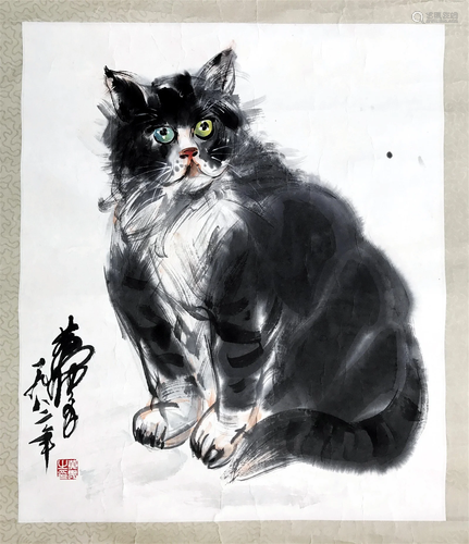 CHINESE SCROLL PAINTING OF CAT SIGNED BY HUANGZHOU