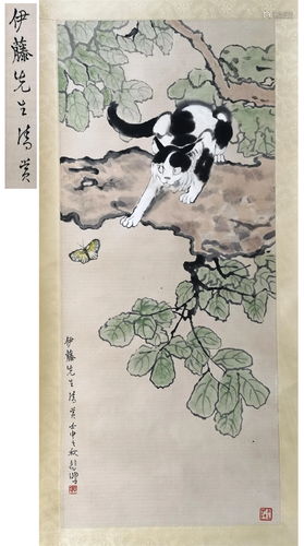 CHINESE SCROLL PAINTING OF CAT ON TREE SIGNED BY QI BAISHI