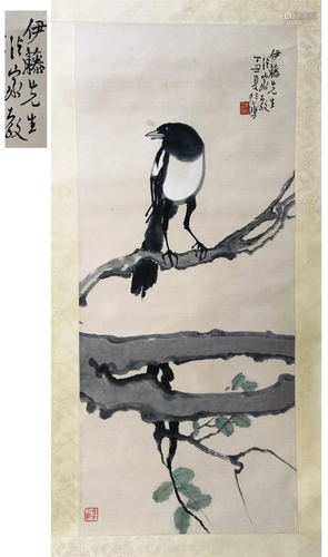 CHINESE SCROLL PAINTING OF BRID ON TREE SIGNED BY XU BEIHONG