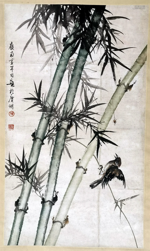 CHINESE SCROLL PAINTING OF BIRD AND BAMBOO SIGNED BY HUANG H...