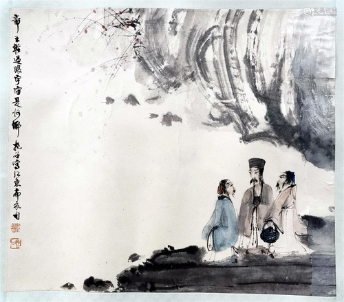 CHINESE SCROLL PAINTING OF MEN IN MOUNTAIN SIGNED BY FU BAOS...