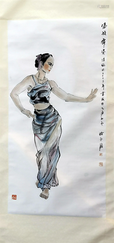 CHINESE SCROLL PAINTING OF GIRL DANCING SIGNED BY CHENG YONG...