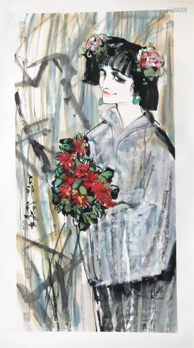 CHINESE SCROLL PAINTING OF GIRL WITH FLOWER SIGNED BY LIN YO...