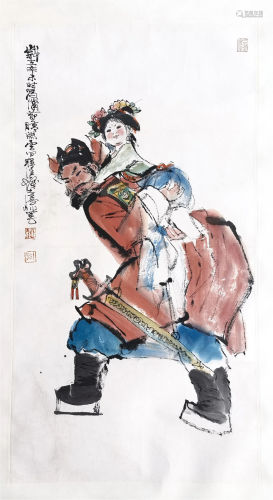 CHINESE SCROLL PAINTING OF MAN WITH GIRL SIGNED BY CHENG SHI...