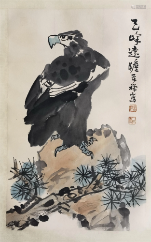 CHINESE SCROLL PAINTING OF EAGLE ON ROCK SIGNED BY LI KUCHAN
