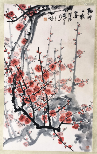 CHINESE SCROLL PAINTING OF PLUM BLOSSOMMINGS SIGNED BY GUAN ...