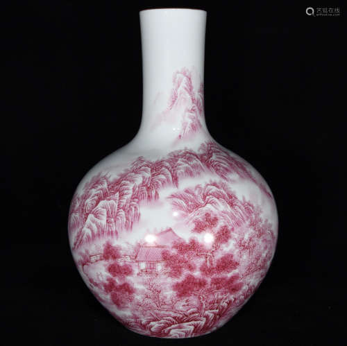 清雍正 珐琅彩胭脂红山水纹天球瓶