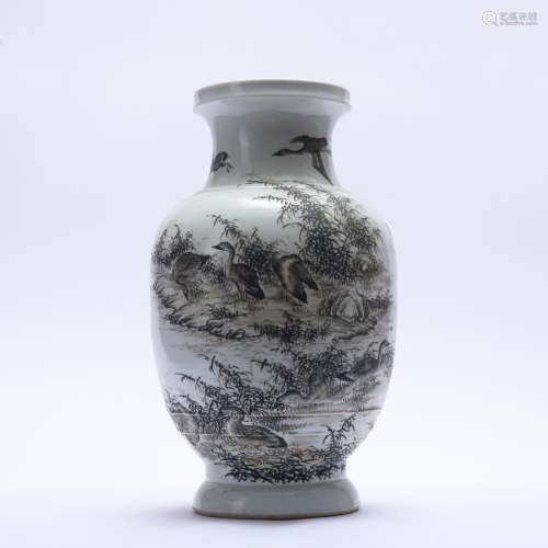 A Grisaille-painted 'floral and birds' vase